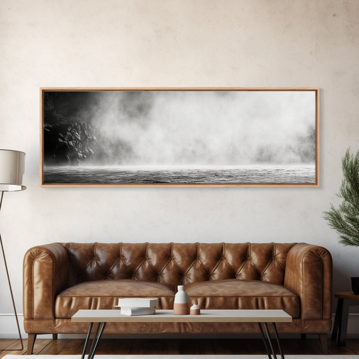 Waterfall Mist Scene, Nature Wall Decor, Canvas Print, Modern Minimalist Art, Neutral Tones, Living Room Wall Art, Black White Landscape