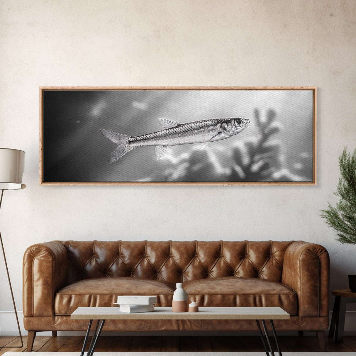 Silver Fish Closeup, Underwater Life, Marine Wildlife Art, Black and White Framed Canvas Print, Coastal Bathroom or Den Wall Art