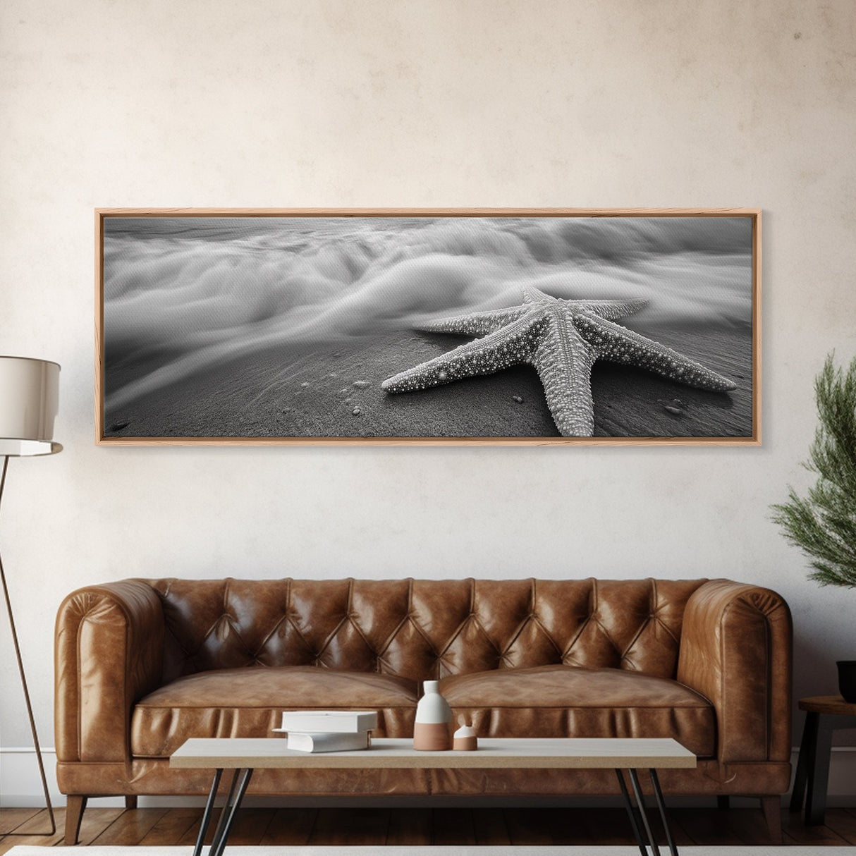 Starfish Closeup, Ocean Wave Motion, Coastal Macro Scene, Framed Canvas Print, minimalist beach decor, bathroom wall art, nautical vibe