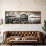 Island Shoreline, Rocky Coast View, Monochrome Nature, Framed Canvas Print, coastal kitchen decor, moody mountain beach wall art