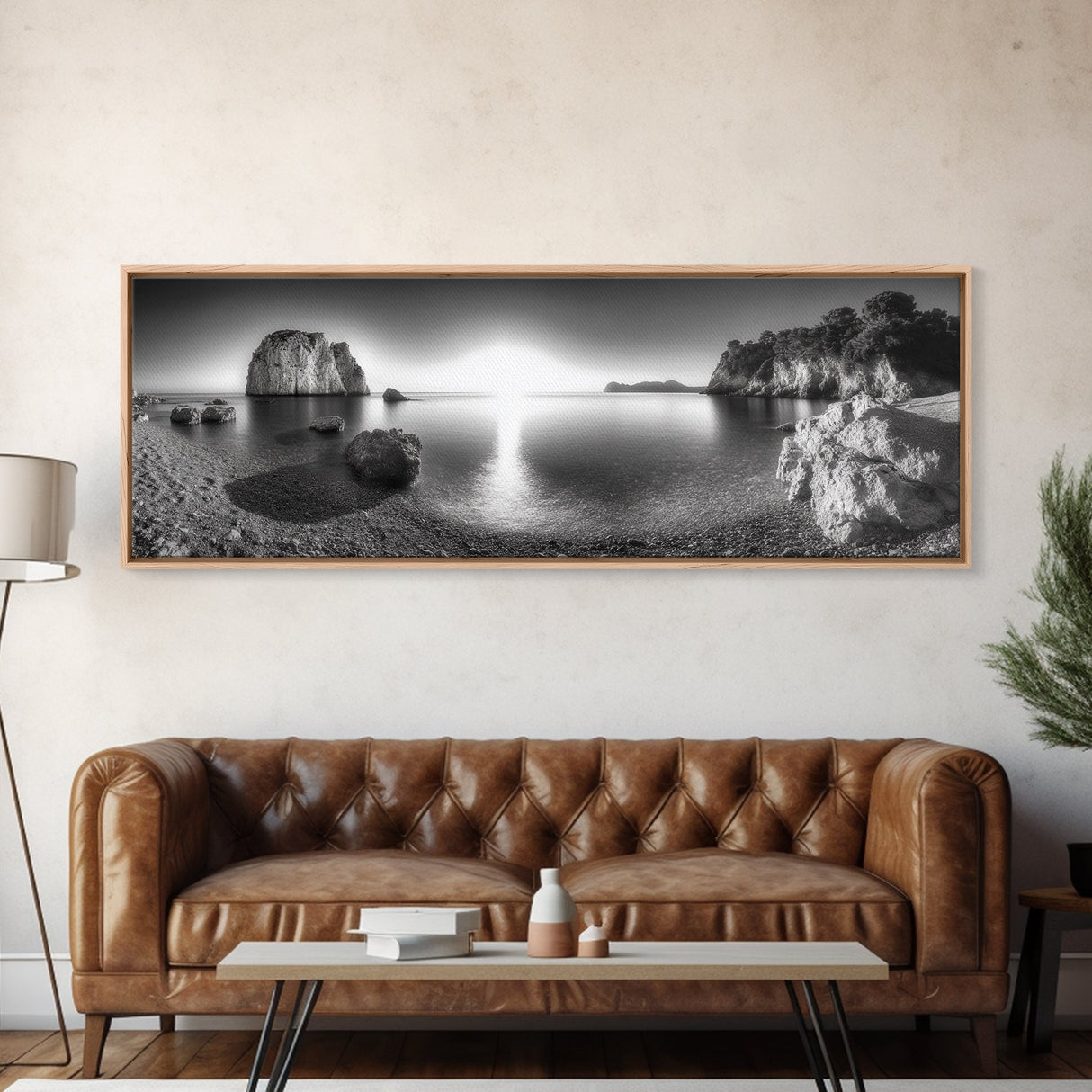 Seaside Sunrise, Rocky Beach Calm, Coastal Light, Canvas Print, peaceful ocean decor, minimalist sunrise wall art, zen meditation space