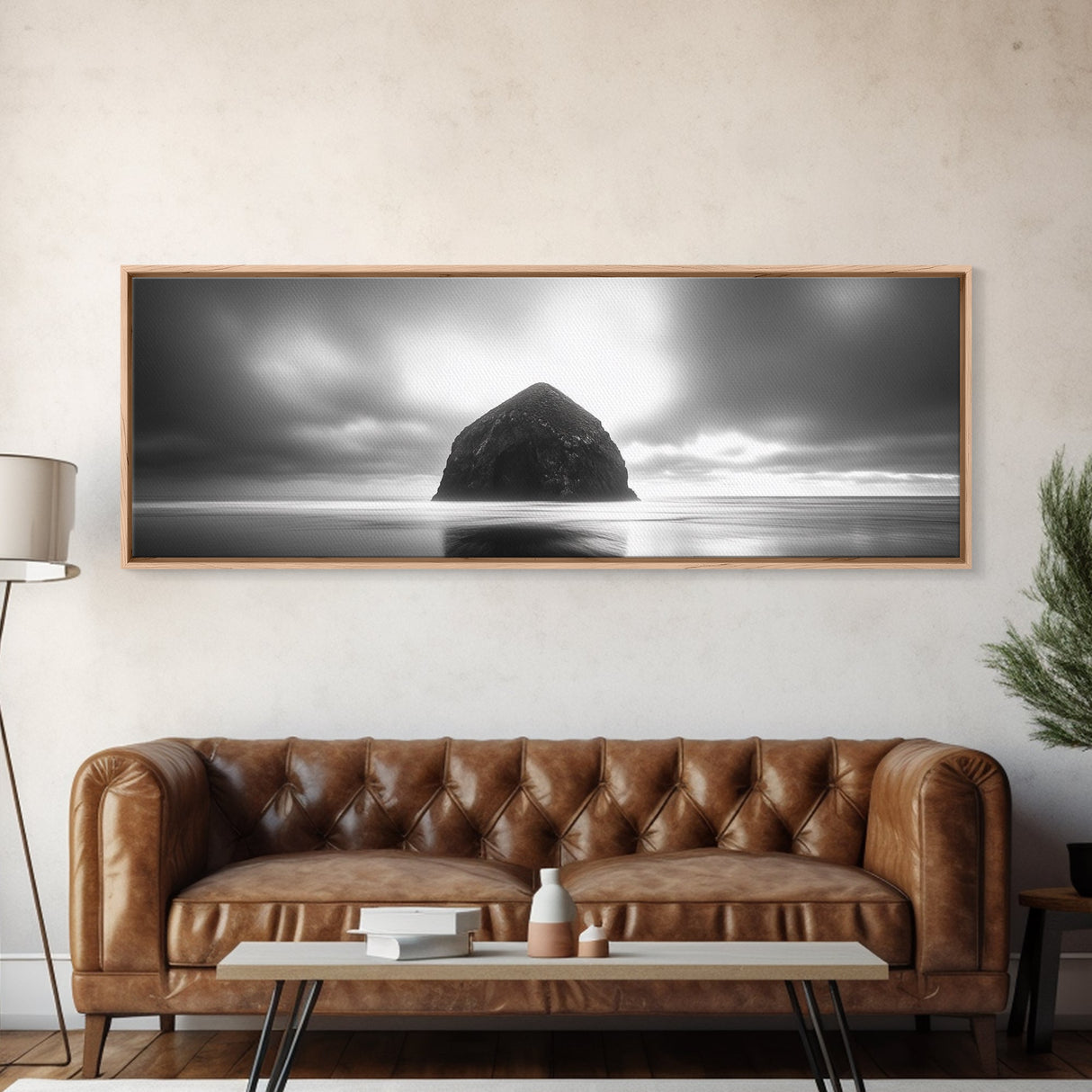 Seaside Rock Monolith, Ocean Landscape, Dramatic Sky Photography, Framed Canvas Print, Moody Wall Art, Minimalist Home Decor