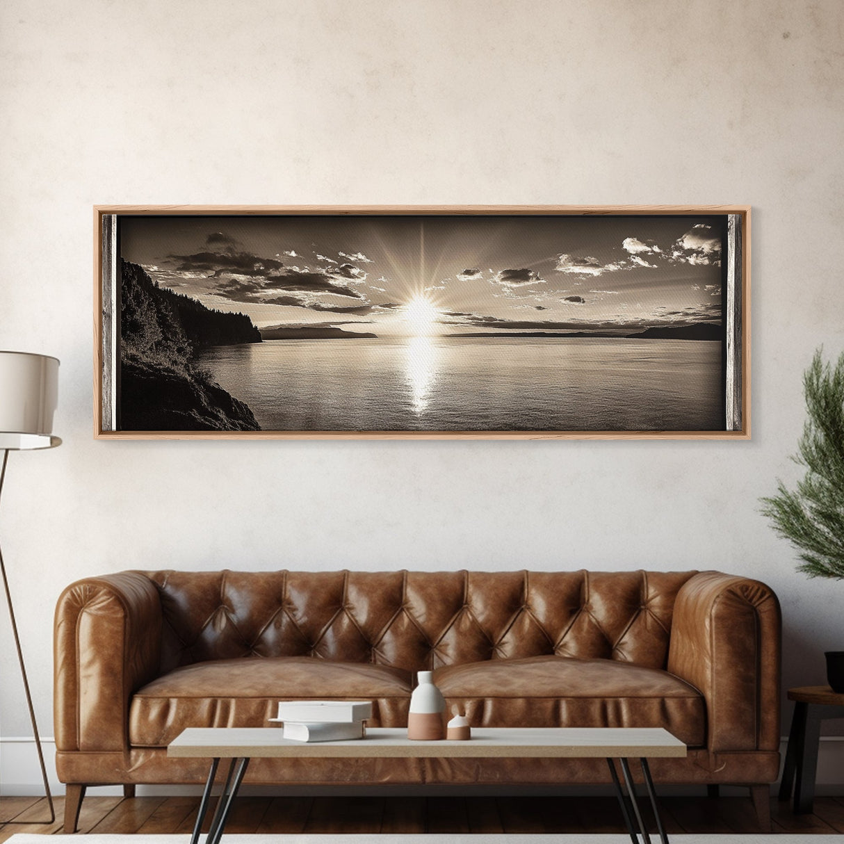 Sepia Horizon, Sunset Lake, Nature Tranquility, Canvas Print, cabin wall decor, warm autumn lake art, peaceful sepia photography
