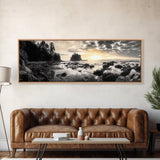 Sunset Shoreline, Moody Rocks, Forested Coast, Framed Canvas Print, nature lover gift, fall coastal art, rustic bathroom wall decor