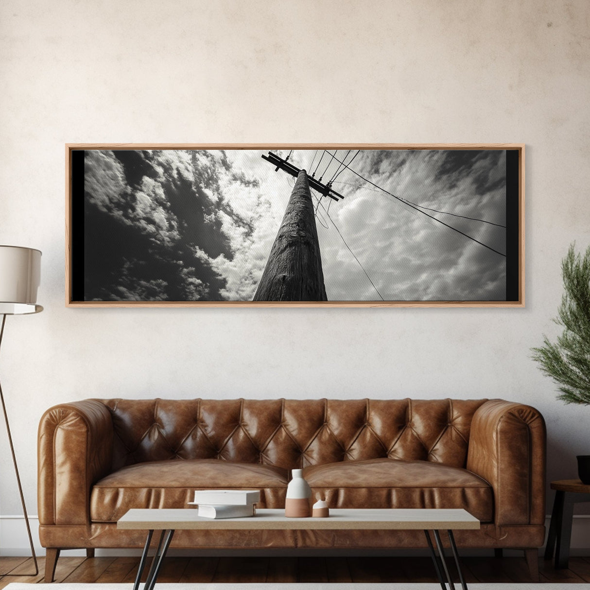 Utility Pole Sky, Urban Minimalism, Power Lines, Framed Canvas Print, Industrial Wall Art, Office Decor, Monochrome Photography