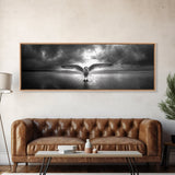 Winged Bird Beach, Coastal Sunrise, Dramatic Flight, Canvas Print, Beach House Decor, Living Room Wall Art, Nature Photography