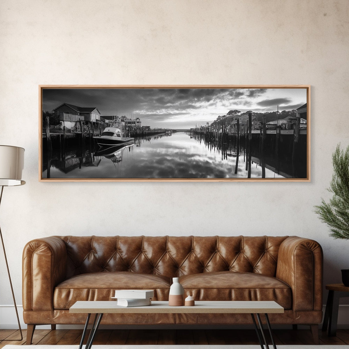 Fishing Dock, Quiet Marina, Waterside Village, Canvas Print, Nautical Wall Art, Lake House Decor, Black and White Photography