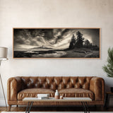 Mountain Shoreline, Stormy Sky, Forest Edge, Canvas Print, Wilderness Landscape Art, Cabin Decor, Moody Nature Photography