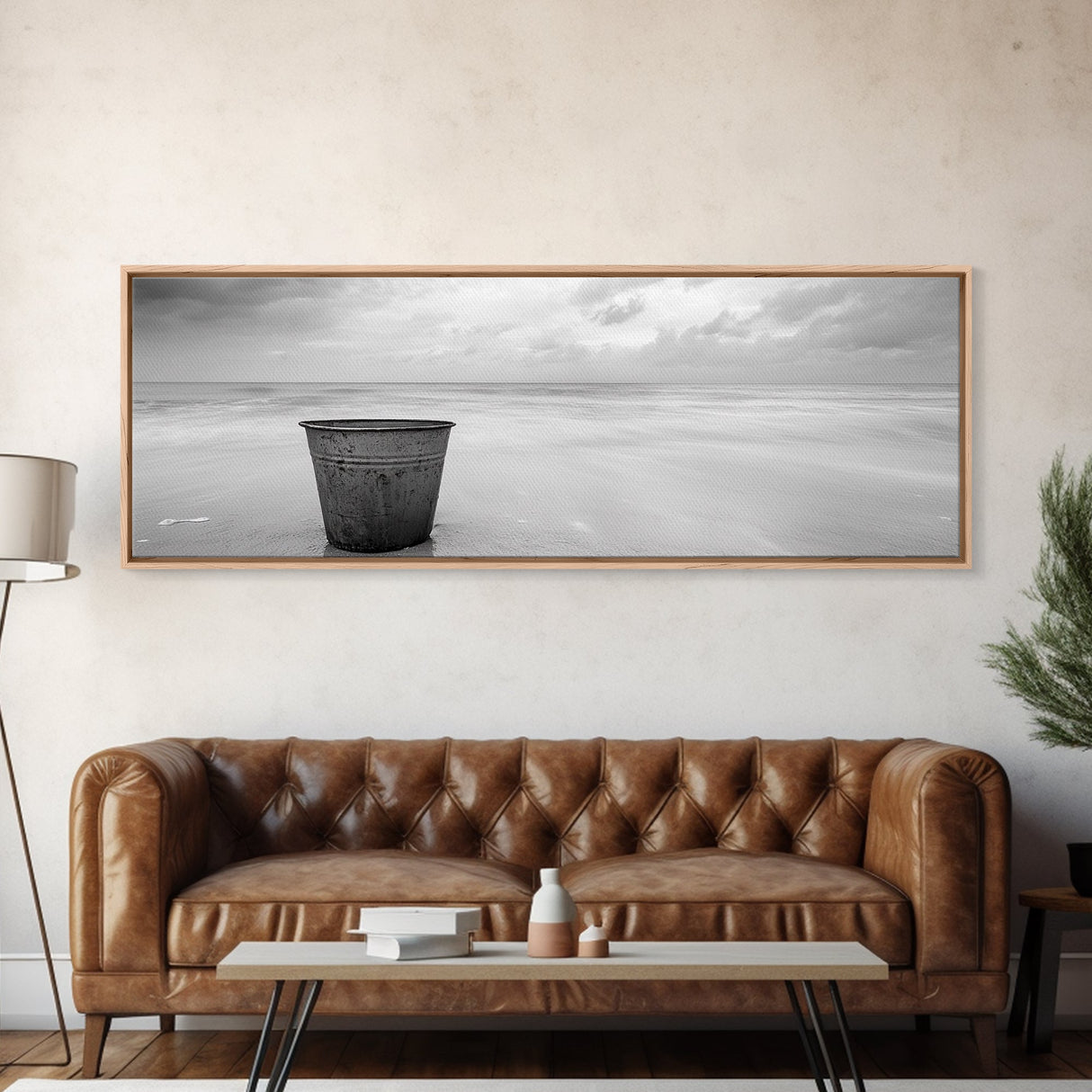 Seaside Metal Pail, Coastal Minimalism, Black White Art, Modern Bathroom Art, Framed Canvas Print, Tranquil Ocean Wall Decor