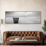 Seaside Metal Pail, Coastal Minimalism, Black White Art, Modern Bathroom Art, Framed Canvas Print, Tranquil Ocean Wall Decor