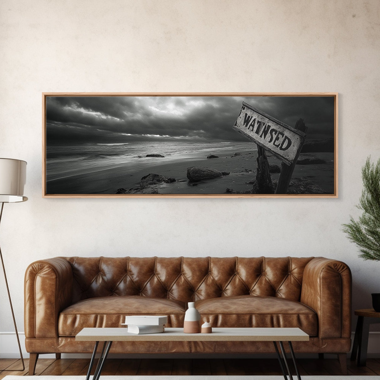 Stormy Beach, Weathered Sign, Moody Ocean, Black and White Photography, Framed Canvas Print, Coastal Gothic Wall Art, Autumn Decor