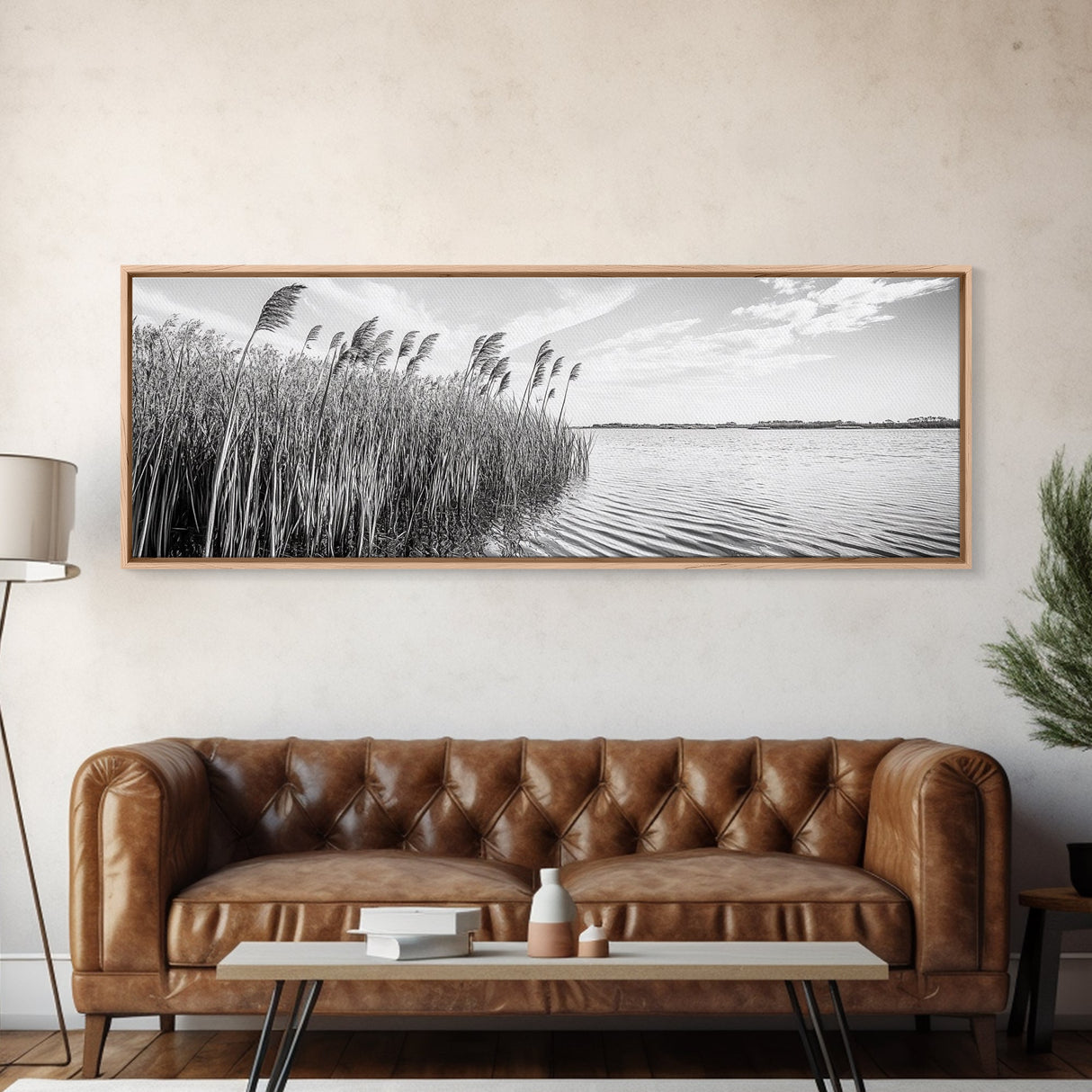 Windy Reeds, Lakeside Breeze, Natural Grass Art, Monochrome Landscape, Canvas Print, Boho Living Room Decor, Botanical Minimalist Wall Art