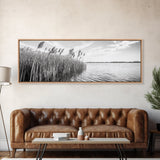 Windy Reeds, Lakeside Breeze, Natural Grass Art, Monochrome Landscape, Canvas Print, Boho Living Room Decor, Botanical Minimalist Wall Art