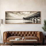 Pier at Dusk, Ocean Boardwalk, Stormy Beach Horizon, Framed Canvas Print, Moody Coastal Wall Art, Nautical Living Room Decor