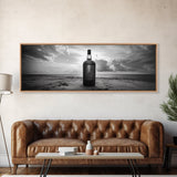 Whiskey on Beach, Bottle Seascape, Moody Coastal Still Life, Canvas Print, Masculine Bar Wall Art, Rustic Living Room Accent Piece