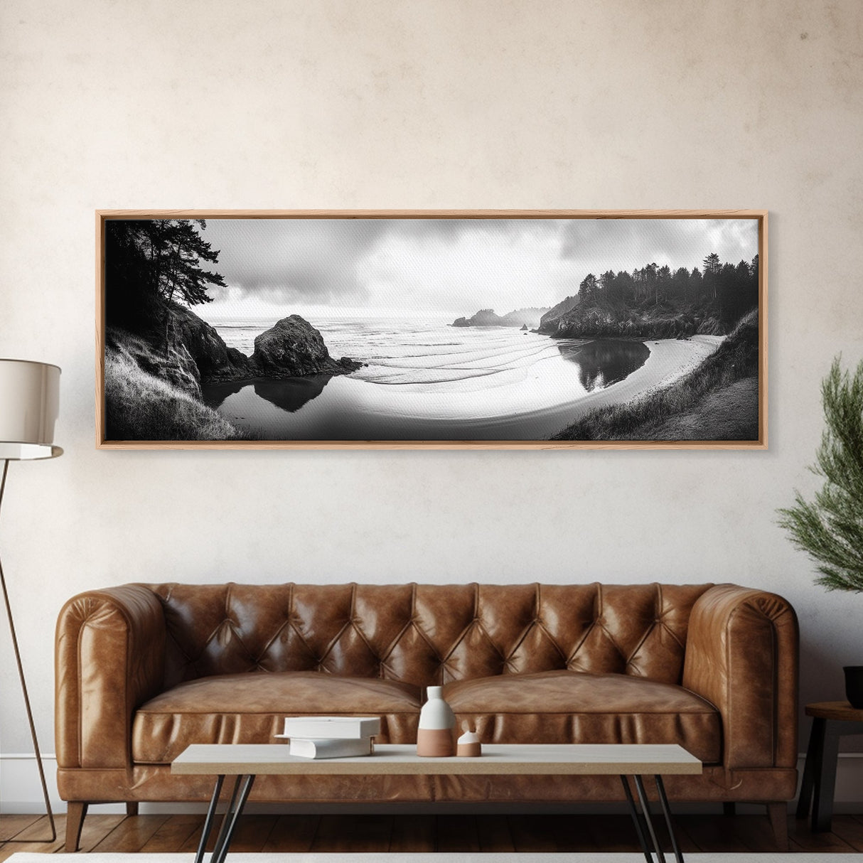 Forest Beach, Pacific Coast, Morning Mist, Tranquil Cove, Framed Canvas Print, Rustic Cabin Wall Art, Nature Landscape Photography