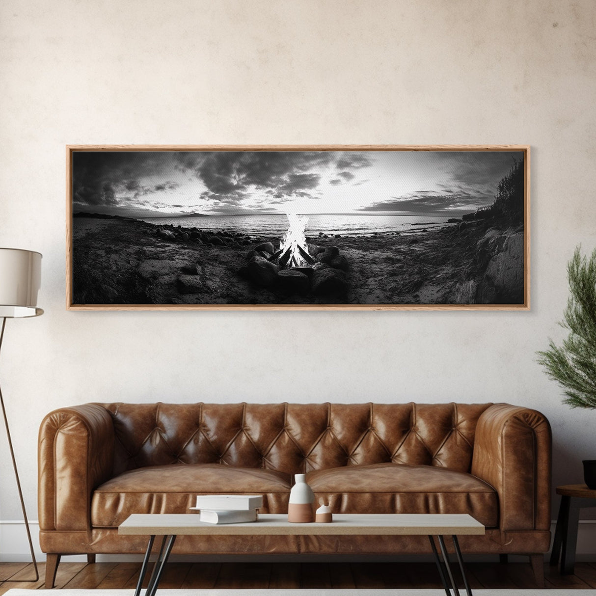 Seaside Fire, Coastal Camp, Black White, Night Shore, Framed Canvas Print, Fall decor, rustic outdoor art, cozy cabin wall art, man cave