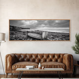 Rocky Beach, Driftwood Crate, Stormy Sky Seascape, Framed Canvas Print, Coastal Rustic Decor, Bathroom Wall Art, Monochrome Style
