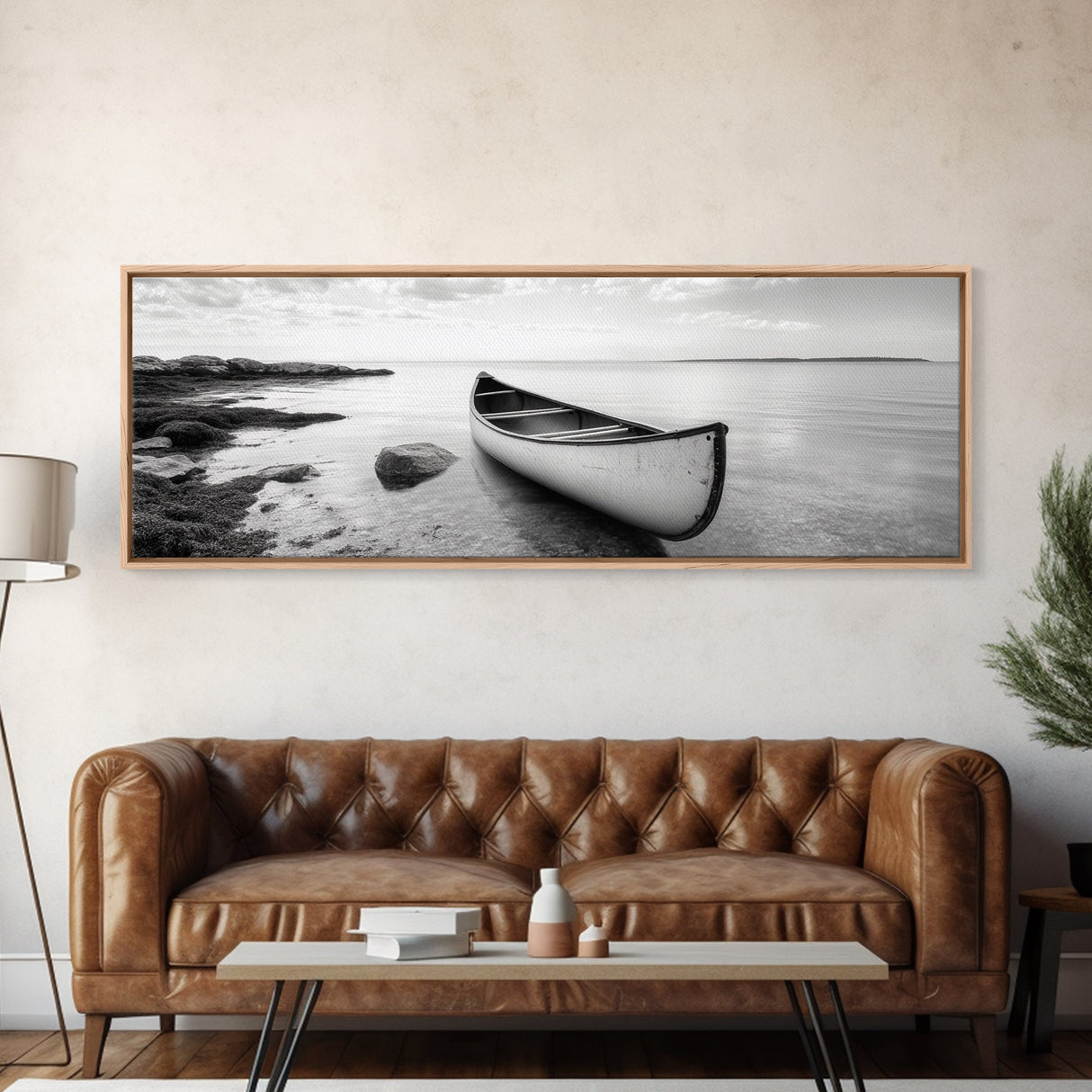 Canoe Shore, Coastal Calm, Nature Paddle, Tranquil Waters, Canvas Print, minimalist outdoor art, boho lake decor, living room wall piece
