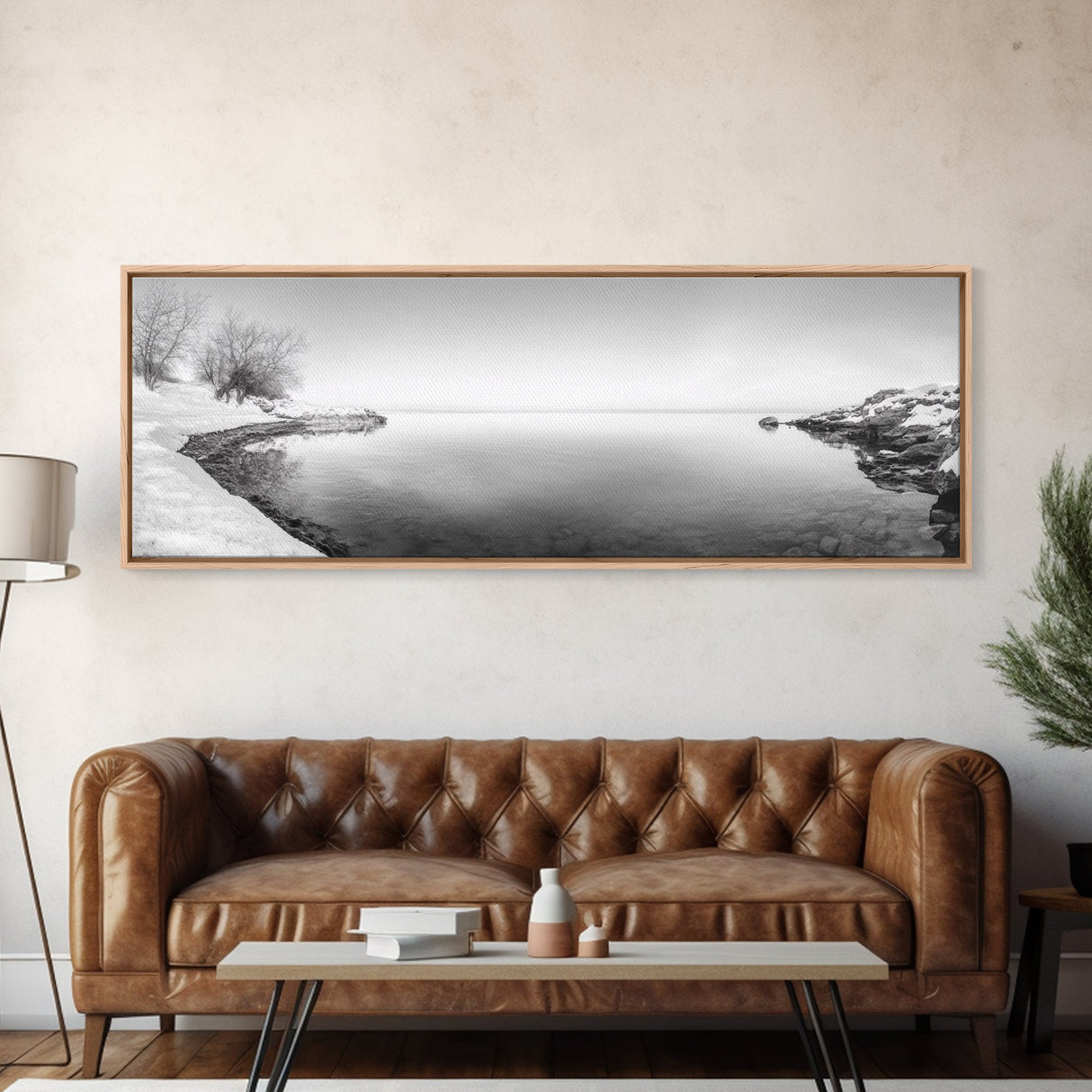 Winter Lake Reflection, Minimal Snow Scene, Bare Trees, Serene Water, Framed Canvas Print, Nordic Minimalist Art, Bedroom Wall Decor
