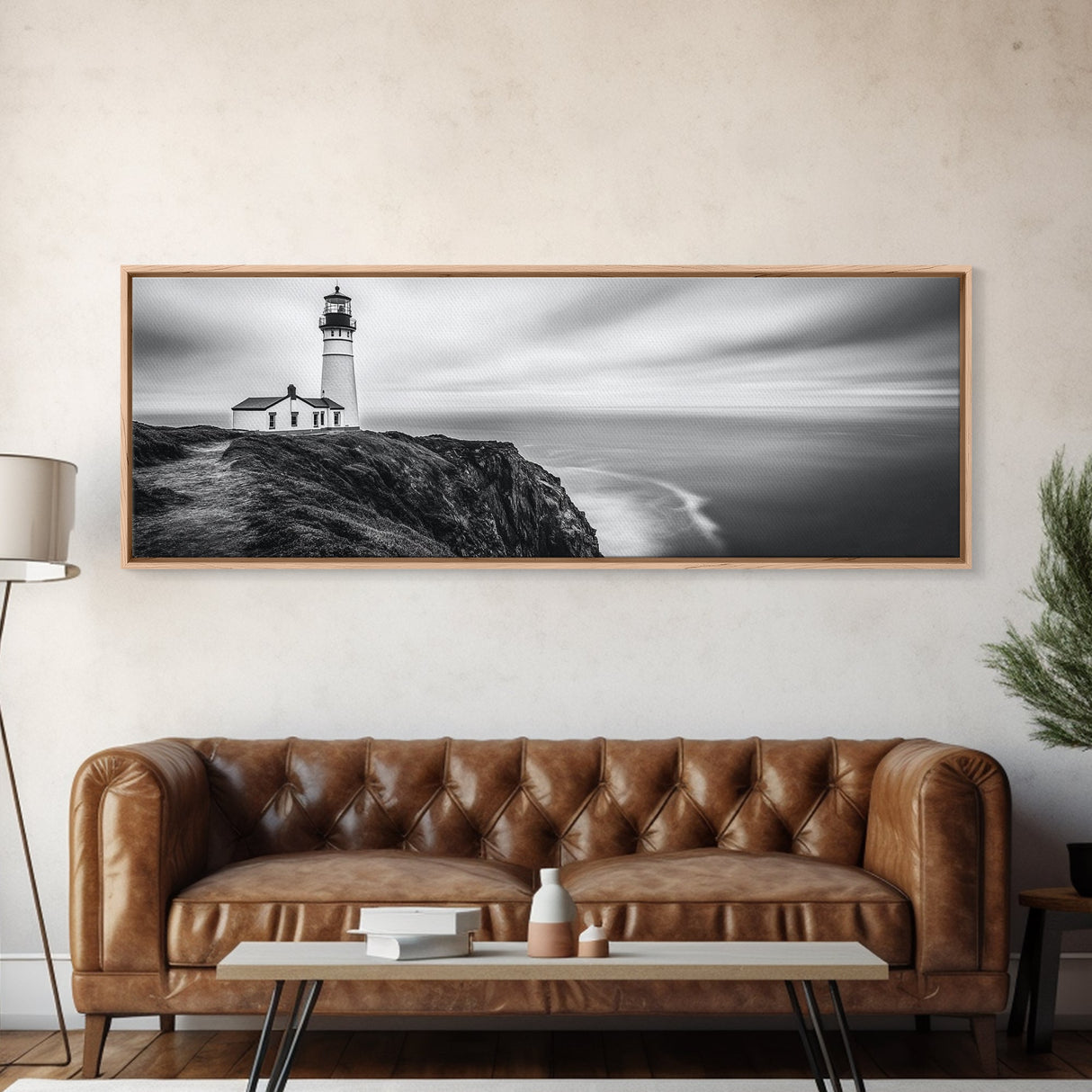 Lighthouse Serenity, Coastal Fog, Ocean Horizon, Canvas Print, Black and White Decor, Office Wall Art, Nautical Theme, Moody Photography