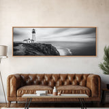Lighthouse Serenity, Coastal Fog, Ocean Horizon, Canvas Print, Black and White Decor, Office Wall Art, Nautical Theme, Moody Photography