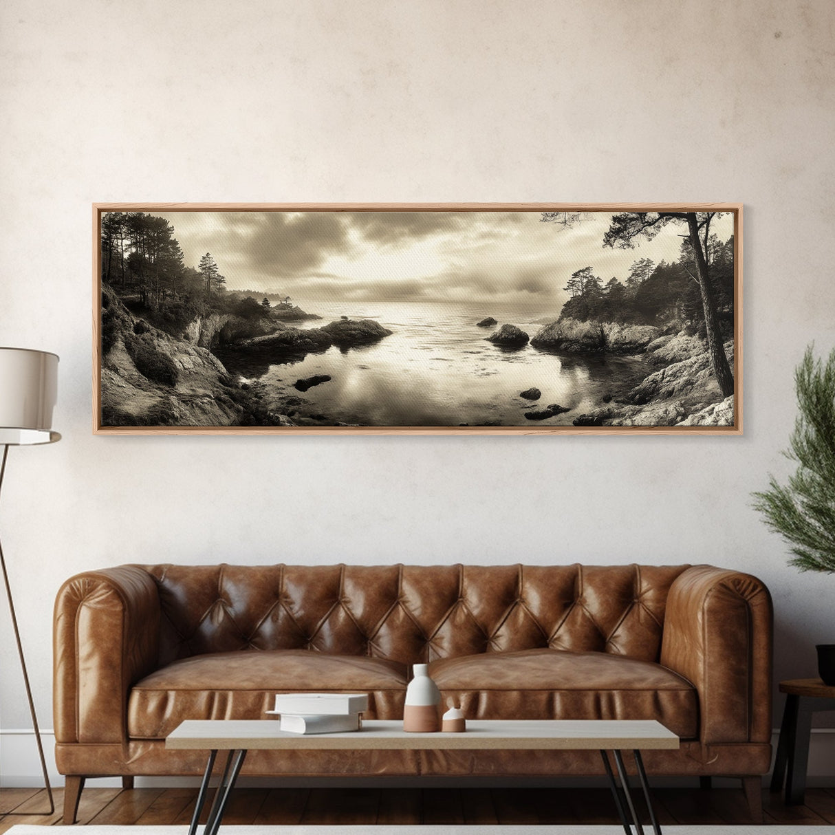 Hidden Cove Sunset, Rocky Seascape, Coastal Tranquility, Framed Canvas Print, Forest Edge, Moody Living Room Wall Art, Seaside Escape