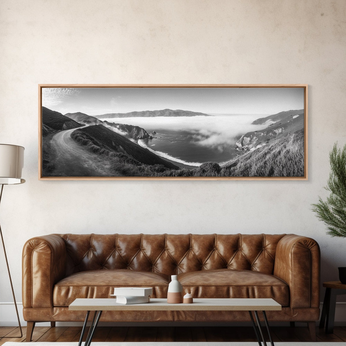 Mountain Road, Foggy Ocean View, Cliffside Drive, Framed Canvas Print, Scenic Wall Decor, Travel Photography, Modern Minimalist Art