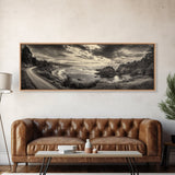 Coastal Road, Ocean Sunset, Rocky Shoreline, Framed Canvas Print, Moody Landscape Photography, Living Room Wall Art, Rustic Nature Decor