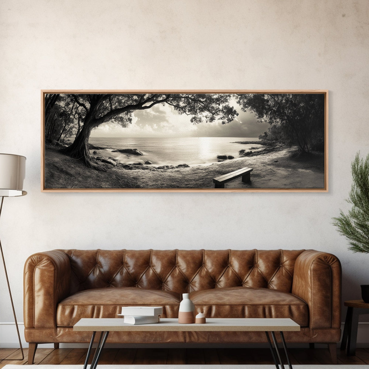 Serene Bench, Ocean View, Tropical Shoreline, Framed Canvas Print, Tranquil Beach Art, Entryway Decor, Nature Photography Wall Art