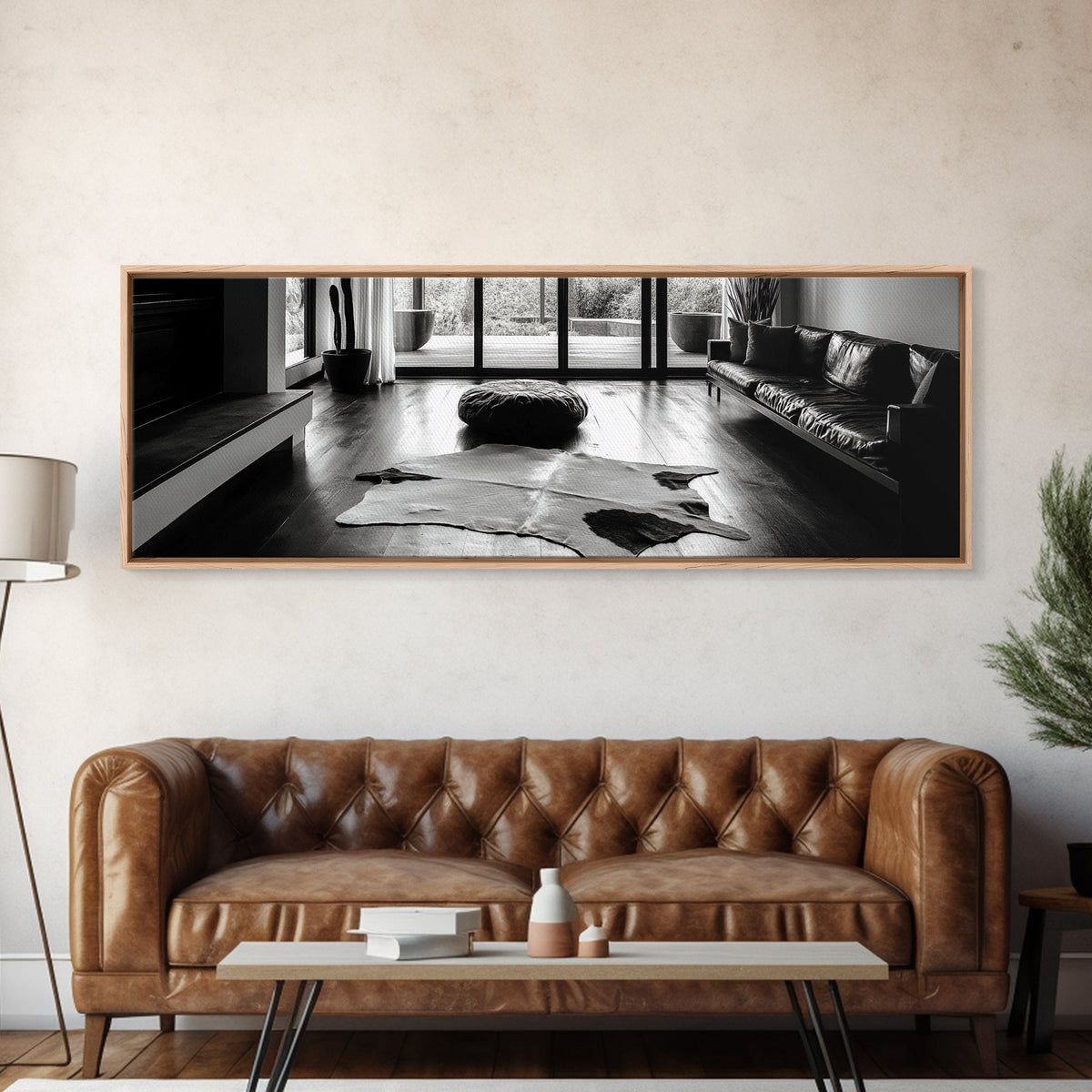 Modern Living, Minimalist Decor, Cowhide Rug, Framed Canvas Print, Neutral Aesthetic Wall Art, Luxury Living Room Design Accent