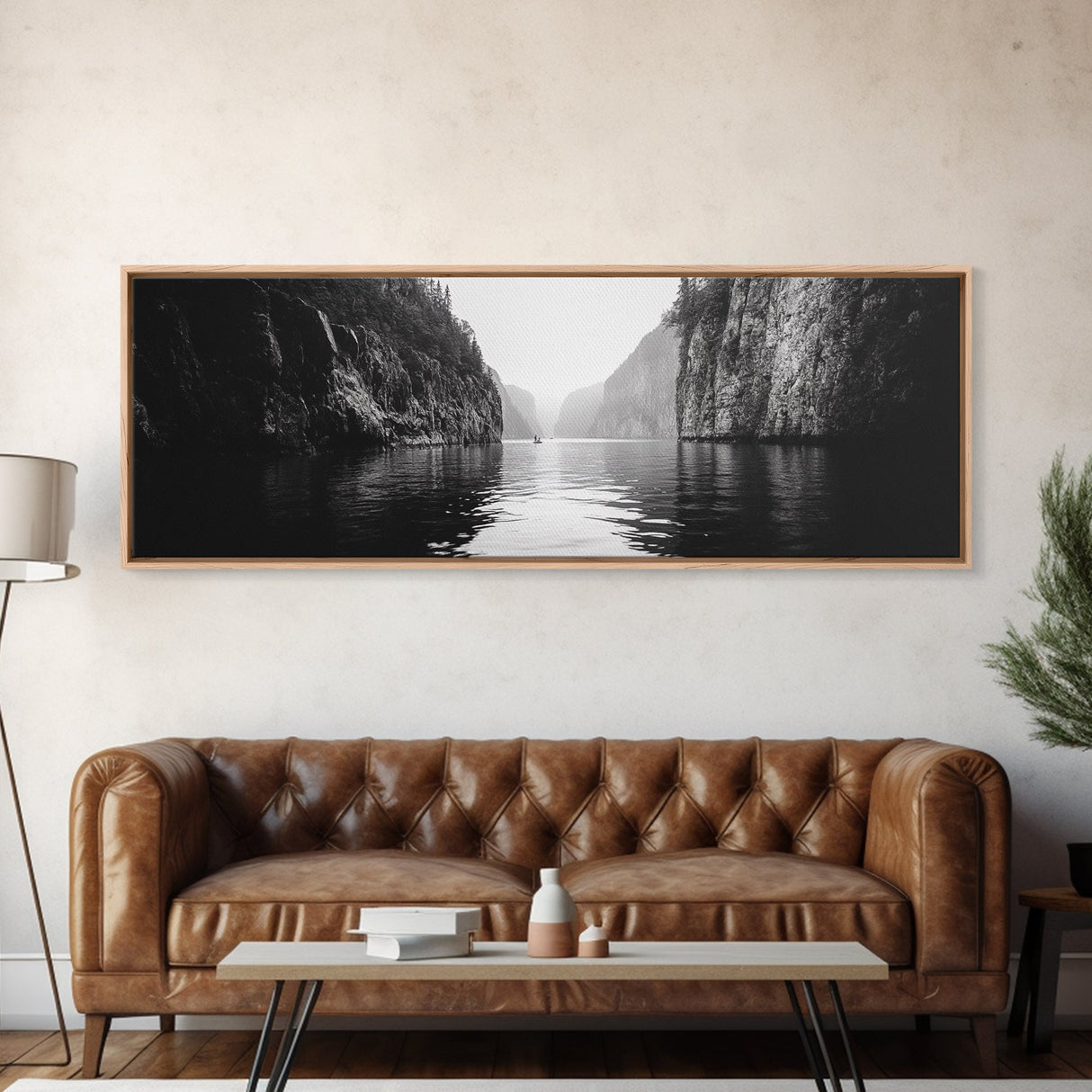 Misty Canyon, River Passage, Tranquil Adventure, Canvas Print, Nature Escape Wall Art, Zen Office Decor, Moody Black and White Style