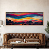 Beautiful Panoramic Sunset Watercolor, Extra Large Wall Art, Framed Panoramic Canvas Print, Framed Wall Art