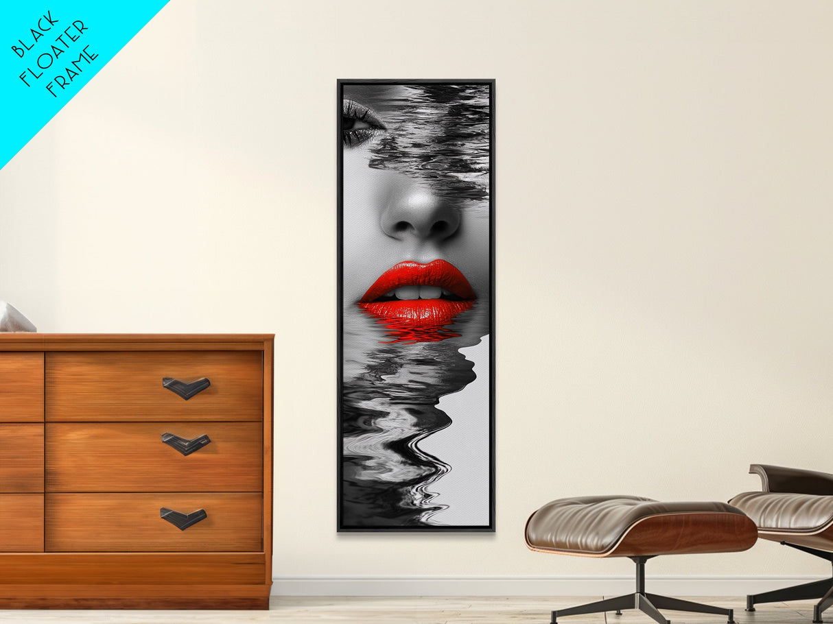 Red Lips, Reflections, Water Art, Surreal Beauty – Canvas Print, Glam Wall Art, Bathroom Decor, Black White Red Art, Fashion Aesthetic