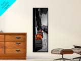 Orange Crates, Market Scene, Harbor View, Urban Life – Framed Canvas Print, Kitchen Wall Art, Rustic Market Decor, Fall City Aesthetic