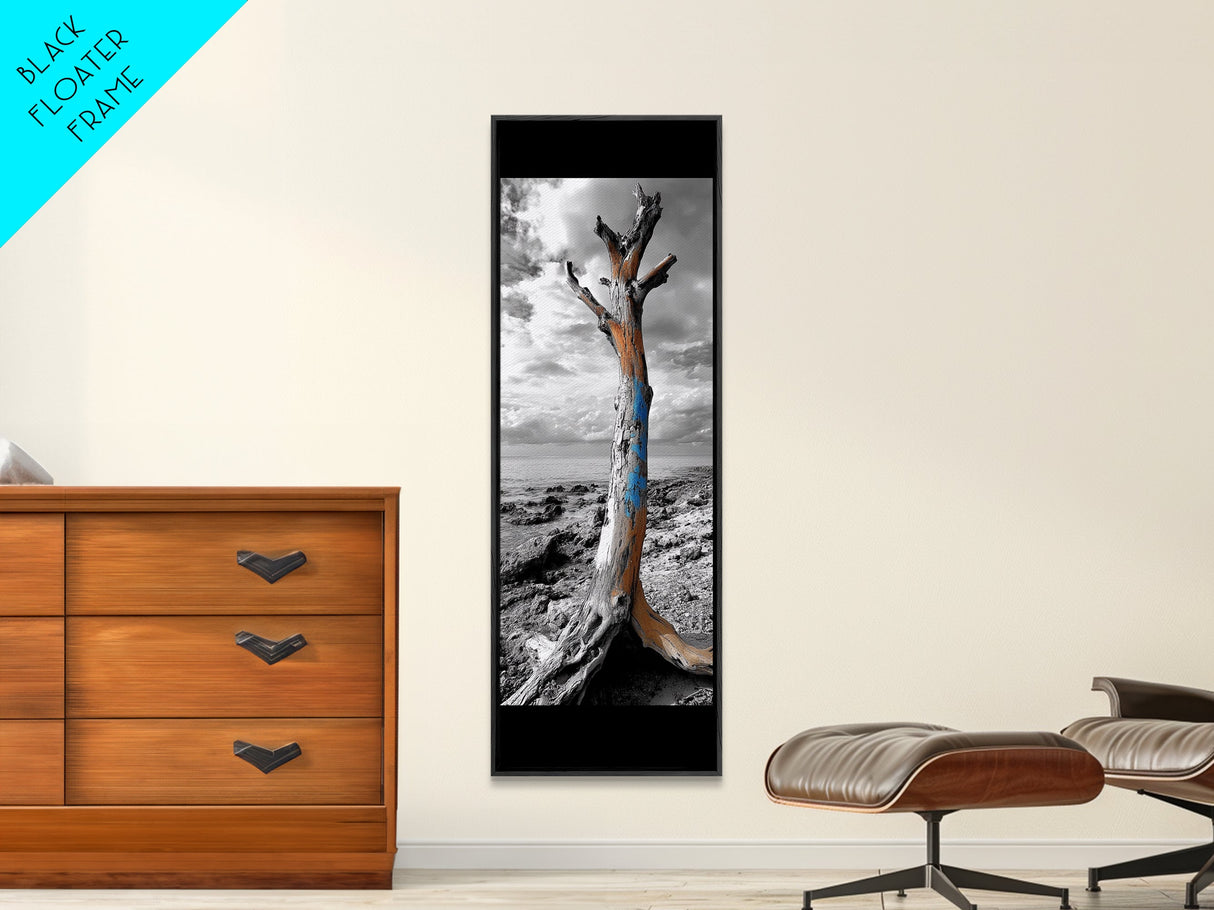 Painted Tree, Coastal Driftwood, Stormy Sky, Bold Texture – Framed Canvas Print, Beach House Decor, Abstract Nature Art, Rustic Minimalism