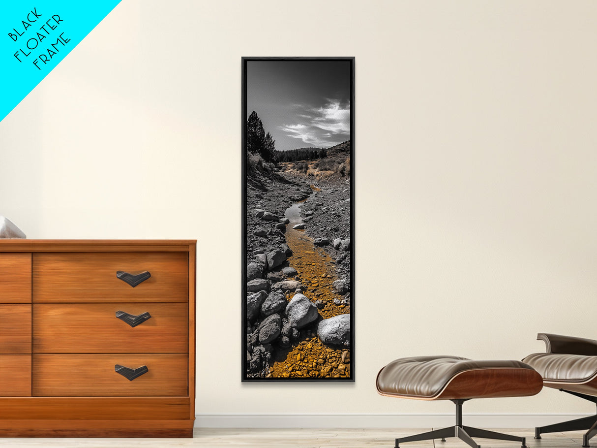 Golden Stream, Desert Serenity, Nature Path, Autumn Glow, Framed Canvas Print, Rustic Landscape Wall Art, Minimalist Earth Tones Decor