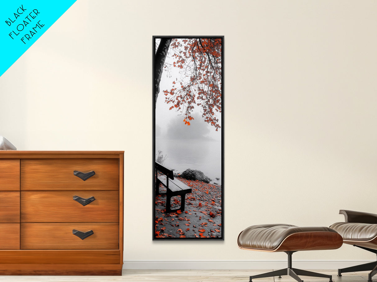 Autumn Leaves, Lakeside Bench, Quiet Moments, Foggy Morning, Framed Canvas Print, Cozy Fall Wall Art, Tranquil Living Room Decor