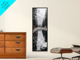 Mountain River, Forest Reflections, Nature Tranquility, Winter Pines, Canvas Print, Serene Landscape Wall Art, Bedroom Cabin Decor
