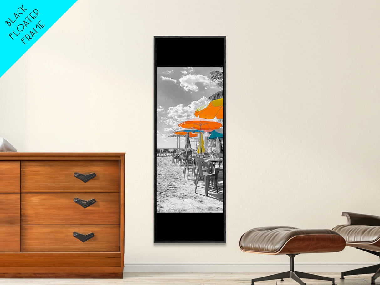 Beach Umbrellas, Seaside Dining, Summer Vibes, Framed Canvas Print, Tropical Kitchen Wall Art, Bright Coastal Decor, Boho Summer Style