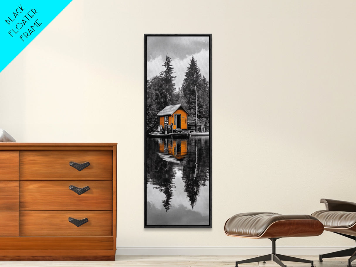 Lake Cabin, Reflection Serenity, Forest Escape, Framed Canvas Print, Nature Wall Art, Rustic Lodge Decor, Cabin Living Room Inspiration