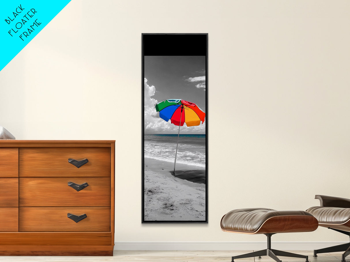 Rainbow Umbrella, Sandy Beach, Summer Sky, Framed Canvas Print, Coastal Bathroom Art, Vibrant Beach Decor, Modern Tropical Style