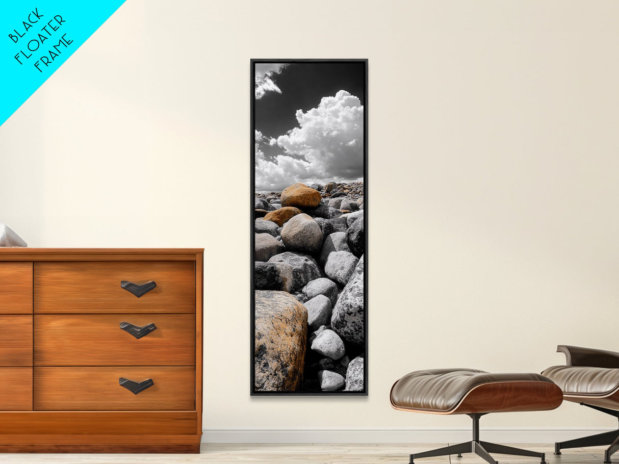 Golden Boulder, Rock Field, Dramatic Sky, Earth Tone Print, Framed Canvas Print, Nature Inspired Decor, Autumn Entryway Artwork