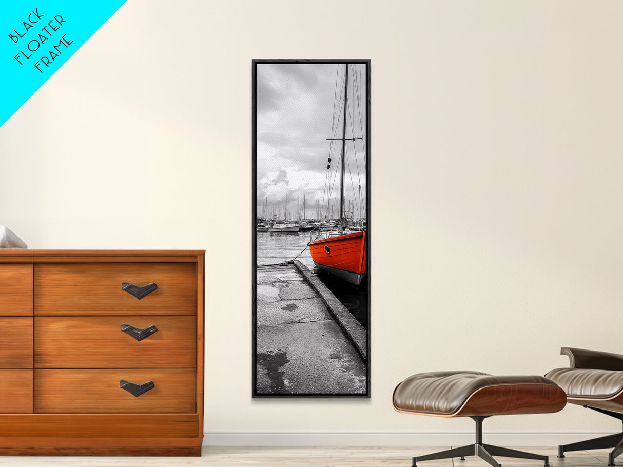 Vibrant Boat, Dockside Scene, Nautical Decor, Color Accent, Framed Canvas Print, Black and White Photography, Coastal Wall Art, Bathroom Art