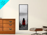 Solitude Reflection, Red Dress Woman, Tranquil Mood, Autumn Lake Scene, Framed Canvas Print, Mindful Art, Bedroom Wall Decor