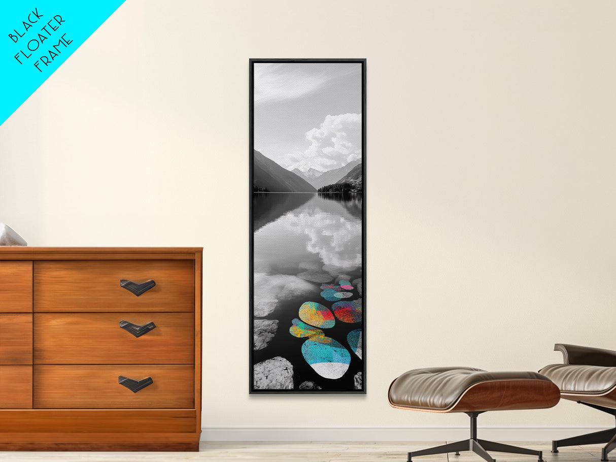 Lake Pebbles Art, Colorful Stones, Mountain Reflection, Calm Waterscape, Canvas Print, Zen Decor, Boho Lake Art, Bathroom Wall Art