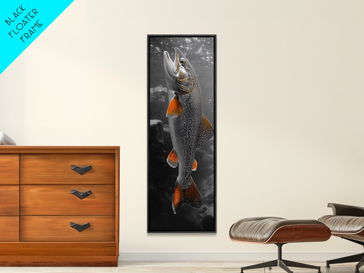Trout Fishing Print, Underwater Scene, Orange Fins Fish, Rustic Wildlife, Framed Canvas Print, Cabin Decor, Man Cave Wall Art