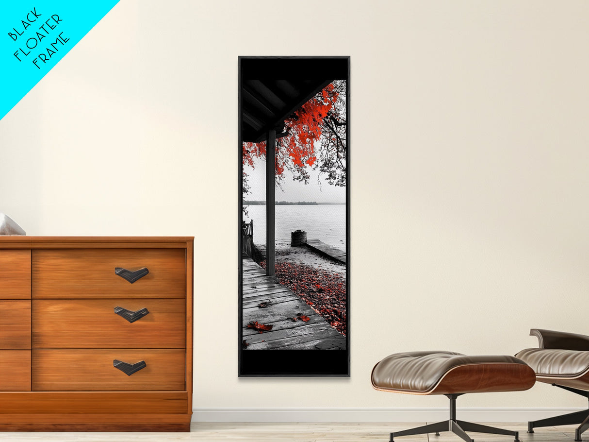 Fall Porch Scene, Lakeview Autumn, Red Leaves Deck, Tranquil Water, Canvas Print, Rustic Wall Art, Cozy Cabin Decor, Entryway Style