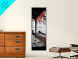 Fall Porch Scene, Lakeview Autumn, Red Leaves Deck, Tranquil Water, Canvas Print, Rustic Wall Art, Cozy Cabin Decor, Entryway Style