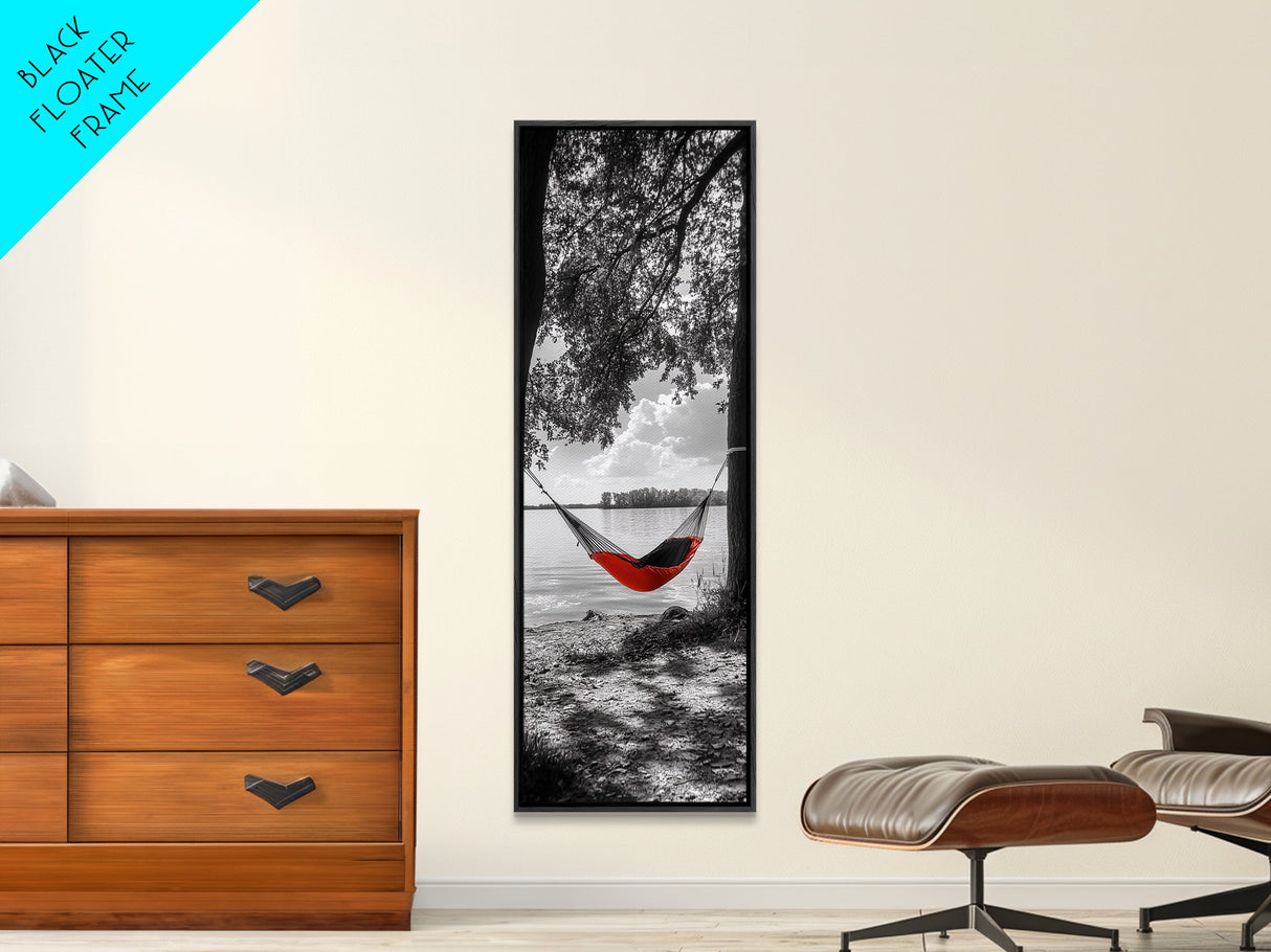 Red Hammock Escape, Nature Lake Art, Serene Moment, Outdoor Vibes, Framed Canvas Print Rustic Bedroom Wall Art, Minimalist Landscape